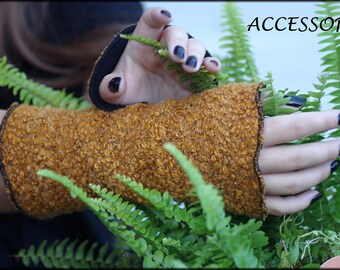 Arm warmers women's cuffs made of bouclé fabric yellow warm with fleece lined wrist warmers