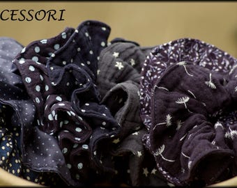 Scrunchie hair tie 4+1 FREE, dark blue floral hair tie, muslin cotton, polka dots, dandelions, stars