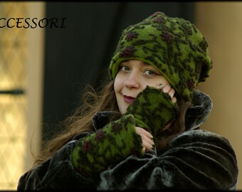 Wool hat, beanie, wool leg warmers, green, fuchsia floral, warmly lined with fleece, cozy