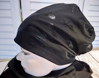 Beanie beanie double hat reversible hat black with dragonflies glitter cotton jersey