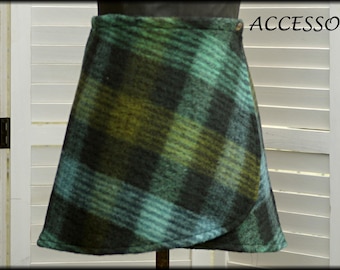 Wrap skirt wool skirt short skirt moss green checked wool kidney warmer mini skirt warm wool fabric
