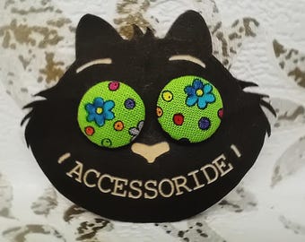 Stainless steel stud earrings, green fabric-covered buttons, original ear jewelry, gift