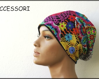 Beanie hat double hat reversible hat colorful boho hippie floral retro pattern viscose jersey cotton jersey