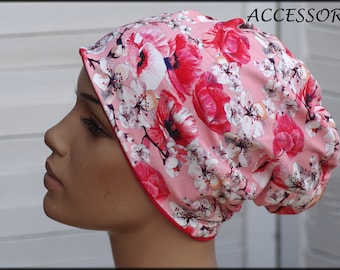 Beanie hat double hat reversible hat pink red floral cotton jersey