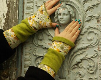 Leg warmers, arm warmers, hand warmers, reversible leg warmers, both sides green fleece patchwork cotton jersey yellow floral hand warmers soft warm cuddly