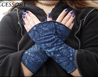 Cuffs Arm cuffs on both sides or with thumb hole dark blue mandala floral alpine fleece hand warmers soft warm cuddly