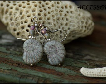 Earrings Amonite grey pink Bohemian glass beads stainless steel earrings earrings