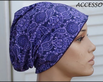 Hat Beanie Double Hat Reversible Hat Violet Purple Paisley Floral Cotton Jersey