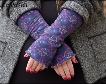 Cuffs Arm cuffs on both sides or with thumb hole pink purple dandelions floral alpine fleece hand warmers soft warm cuddly