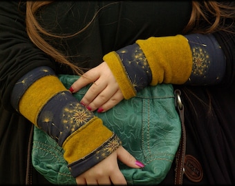 Cuffs arm warmers hand warmers reversible cuffs double-sided mustard yellow dark blue with dandelions polar fleece patchwork soft warm cuddly