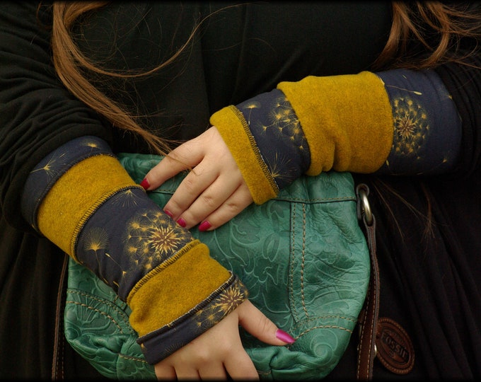 Featured listing image: Cuffs arm warmers hand warmers reversible cuffs double-sided mustard yellow dark blue with dandelions polar fleece patchwork soft warm cuddly