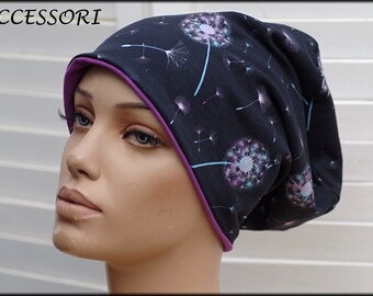 Beanie double hat reversible hat black purple turquoise with dandelions floral cotton jersey