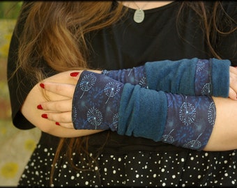 Cuffs arm warmers reversible cuffs both sides blue dandelions polar fleece patchwork cotton jersey hand warmers soft warm cuddly