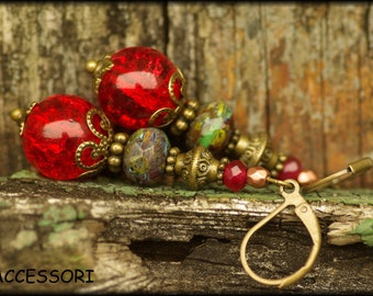 Earrings, Cracle glass beads, Bohemian glass beads, Metal beads, Agate, Vintage Style, bronze, red, green,