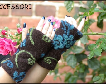 Cuffs arm warmers with thumb hole walk blue green flowered wool very light