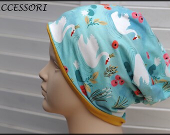 Children's Beanie Loop turquoise blue white with swan cotton baby hat