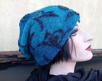 Wool hat beanie wool with tendrils blue black warm lined with fleece cuddly