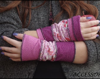 Arm warmers, hand warmers, hand warmers, wrist warmers, summer warmers, reversible warmers, pink dotted floral patchwork