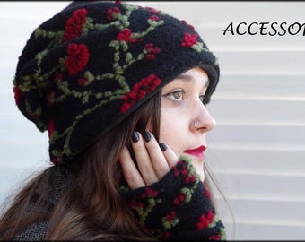 Wool hat, beanie, floral design with roses, red, black, green, warmly lined with fleece, cuddly