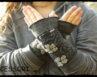 Woolen arm warmers, grey floral print, warm