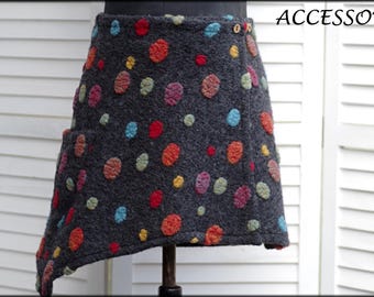 Wrap skirt wool skirt short skirt dark grey colorful dots wool kidney warmer mini skirt warm