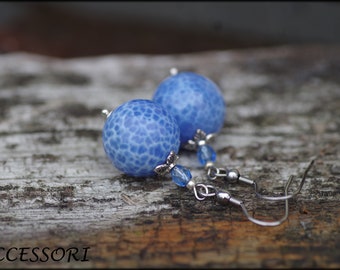 Agate earrings blue stainless steel with Bohemian glass beads