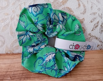 Chouchou puur zijden haarelastiek zijde groen blauwe ranken bloemen haaraccessoires