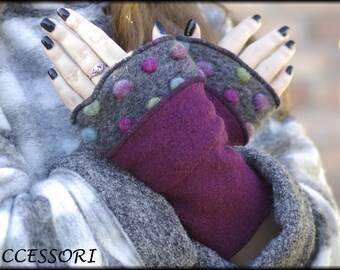 Arm warmers made of wool fuchsia grey dotted colorful