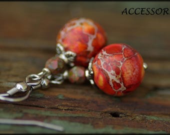 Jasper Impressions Earrings Stainless Steel Earrings Red Bohemian Glass Beads