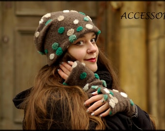 Wool hat, beanie, wool leg warmers, grey, white, mint polka dot, warmly lined with fleece, cuddly
