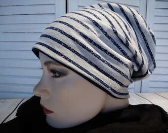 Hat Beanie double hat reversible hat light gray dark blue striped cotton jersey