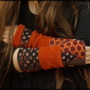 Cuffs Arm cuffs Hand cuffs Reversible cuffs on both sides cinnamon orange rust Polar fleece patchwork viscose jersey soft warm cuddly