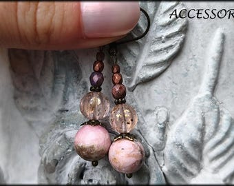 Earrings with rhodochrosite and Bohemian glass beads, pink bronze