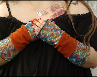 Leg warmers, arm warmers, hand warmers, reversible leg warmers, both sides, cinnamon, orange, rust, polar fleece, patchwork, French terry, soft, warm, cuddly