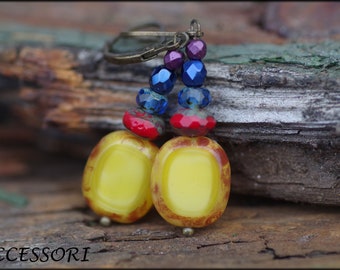 Colorful earrings with Czech glass beads yellow blue red bronze earrings