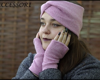 Arm warmers with thumb hole headband made of knitted fabric knot headband turban hairband soft light cuddly pink