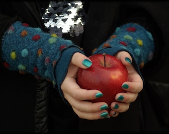 Polka dot arm warmers, colorful wool, blue, warm