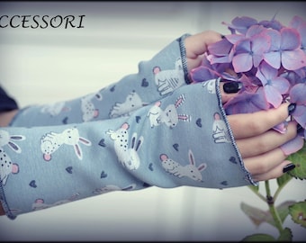 Arm warmers with thumb hole or without cuffs rabbit light blue fleece alpine fleece cuddly hand warmers