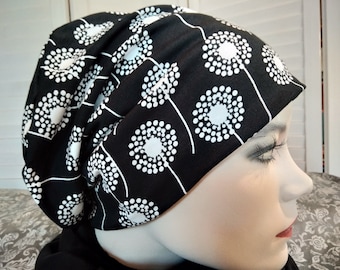 Beanie beanie double hat reversible hat black white with puff flowers floral cotton jersey