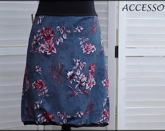 Balloon skirt jersey skirt summer skirt blue floral with roses cotton jersey floral ladies skirt size L