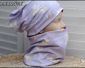 Children's hat beanie loop unicorn light purple cotton baby hat