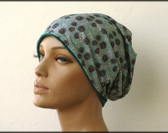 Cap beanie double cap reversible cap mint green petrol floral viscose jersey cotton jersey