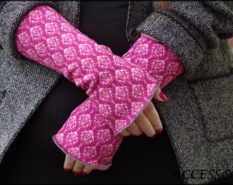 Cuffs arm warmers on both sides or with thumb hole pink ornament floral alpine fleece hand warmers soft warm cuddly