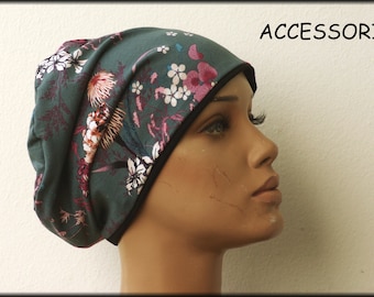 Cap beanie double cap reversible cap blue pink flowered viscose jersey cotton jersey