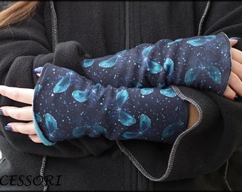 Cuffs arm warmers double-sided or with thumb hole dark blue turquoise with butterflies alpine fleece hand warmers soft warm cuddly
