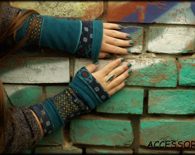 Featured listing image: Cuffs arm warmers hand warmers reversible cuffs both sides petrol polar fleece patchwork viscose jersey hand warmers soft warm cuddly