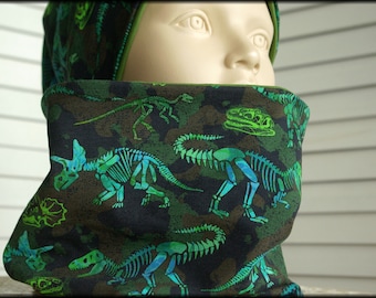 Kindermütze Beanie Loop mit Dinos Dinosauria grün blau Baumwolle Babymütze warm kuschelig Fleece Wintermütze