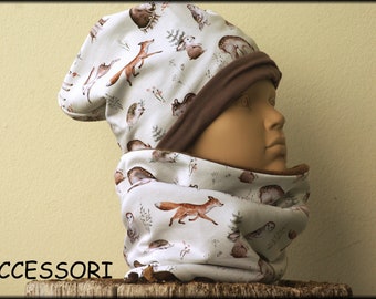 Children's hat beanie loop forest animals deer owl fox rabbit cream white brown cotton baby hat warm cuddly fleece winter hat