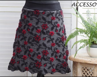Wool skirt women's skirt short skirt A-cut floral gray black red flowers wool warm