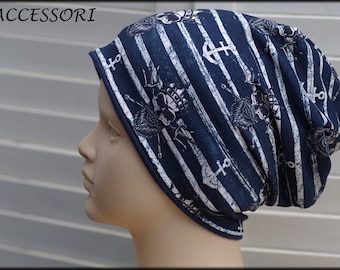 Children's hat beanie loop pirate dark blue white striped anchor maritime cotton baby hat warm cuddly